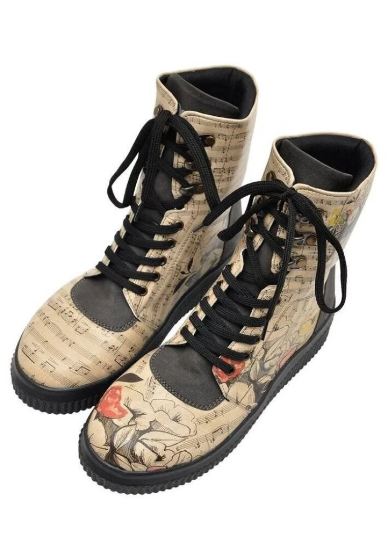 Femme Cuir Vegan Beige Bottes Longues - Music on World off Motif
