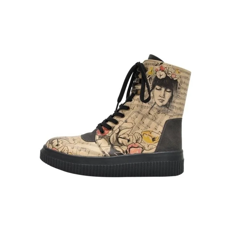 Femme Cuir Vegan Beige Bottes Longues - Music on World off Motif