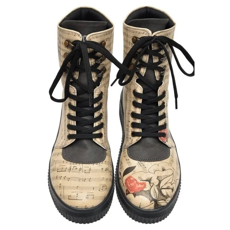 Femme Cuir Vegan Beige Bottes Longues - Music on World off Motif