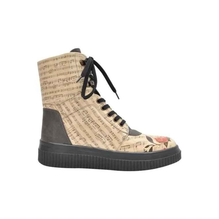 Femme Cuir Vegan Beige Bottes Longues - Music on World off Motif
