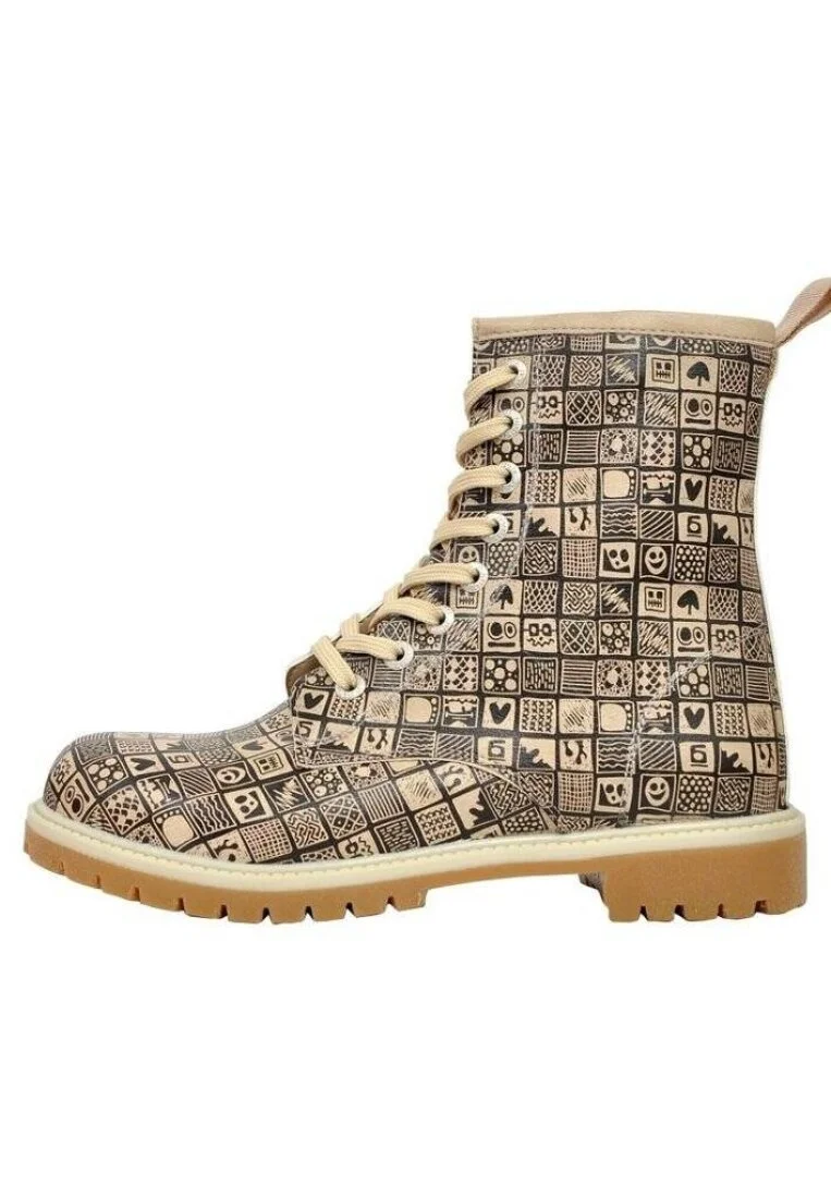 Femme Cuir Vegan Beige Bottes Longues - Squares Motif