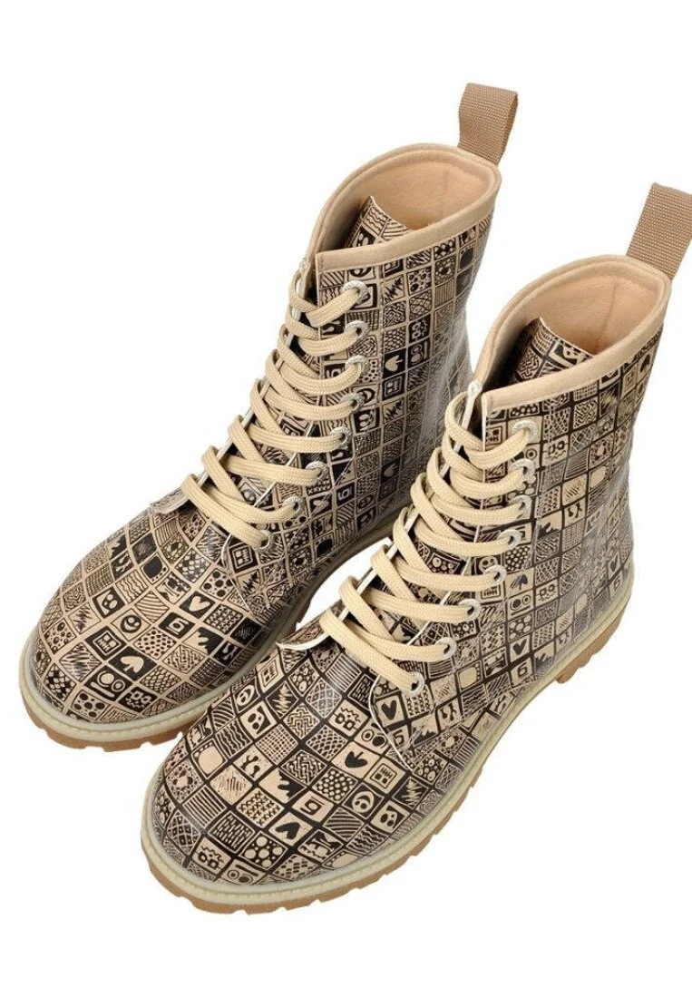 Femme Cuir Vegan Beige Bottes Longues - Squares Motif