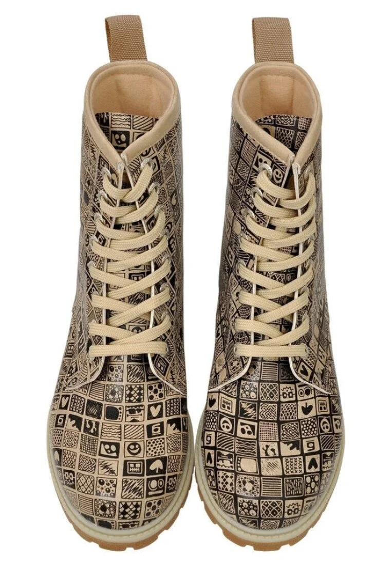 Femme Cuir Vegan Beige Bottes Longues - Squares Motif
