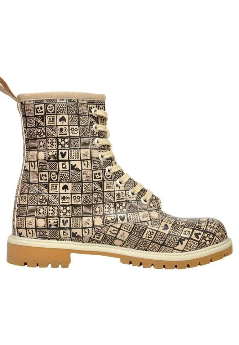 Femme Cuir Vegan Beige Bottes Longues - Squares Motif