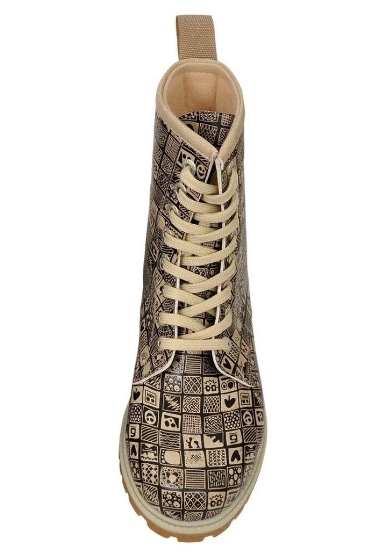 Femme Cuir Vegan Beige Bottes Longues - Squares Motif