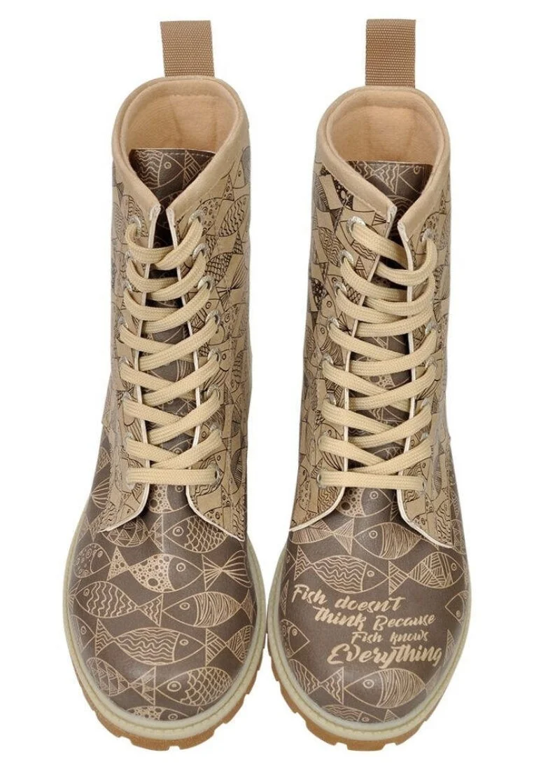 Femme Cuir Vegan Beige Bottes Longues - Fish Knows Motif