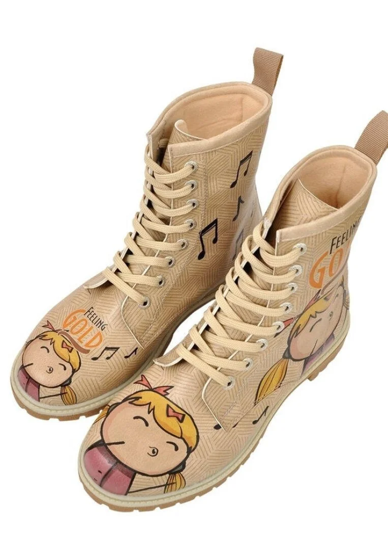 Femme Cuir Vegan Beige Bottes Longues - Feeling Gold Motif