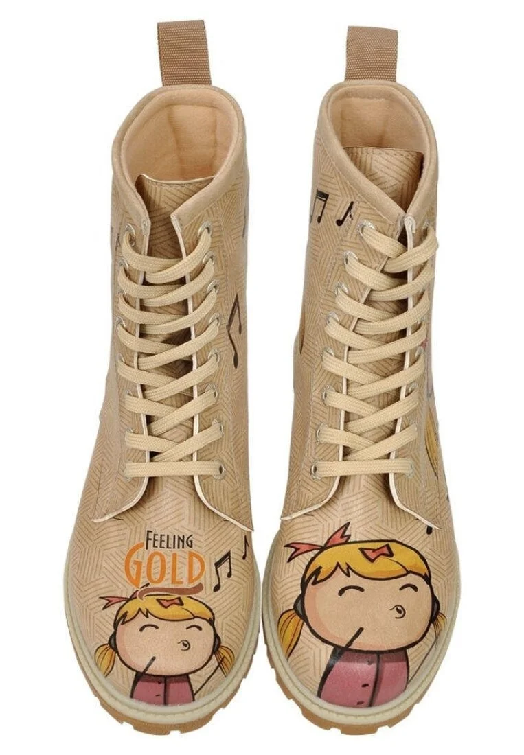 Femme Cuir Vegan Beige Bottes Longues - Feeling Gold Motif