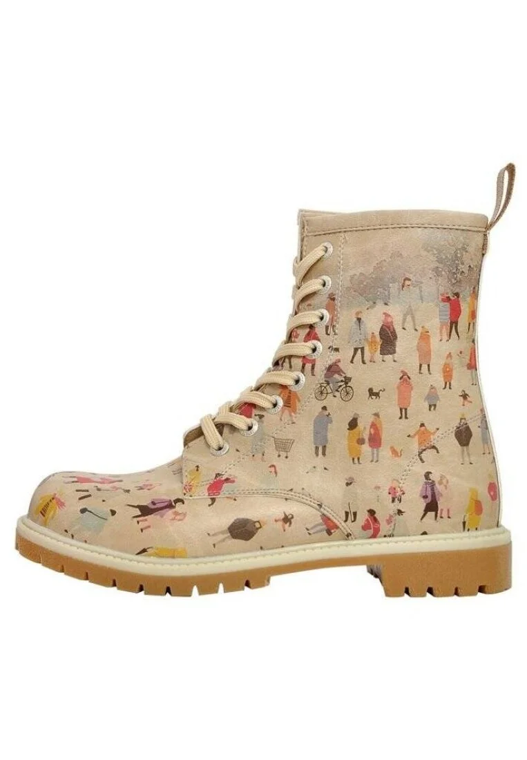 Femme Cuir Vegan Beige Bottes Longues - Snow Square Motif
