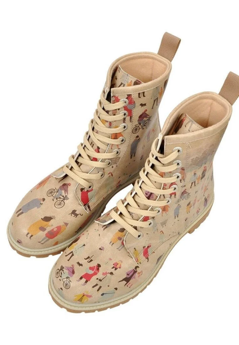 Femme Cuir Vegan Beige Bottes Longues - Snow Square Motif