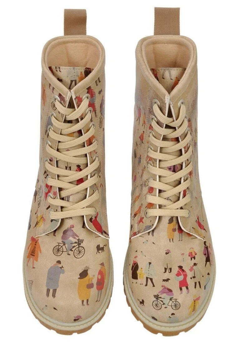 Femme Cuir Vegan Beige Bottes Longues - Snow Square Motif