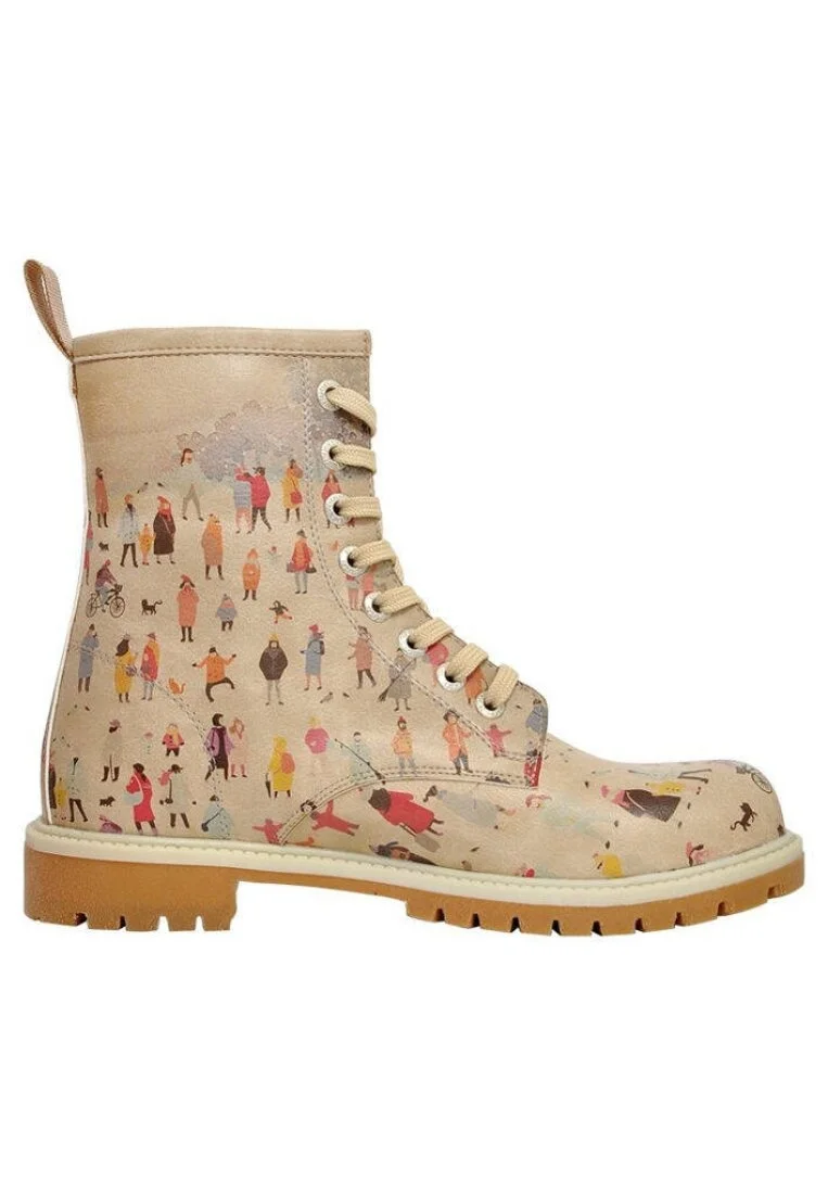 Femme Cuir Vegan Beige Bottes Longues - Snow Square Motif
