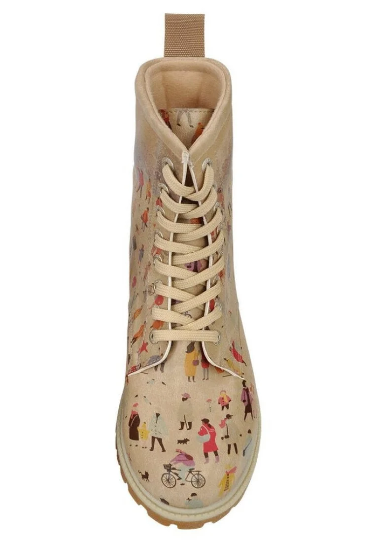 Femme Cuir Vegan Beige Bottes Longues - Snow Square Motif