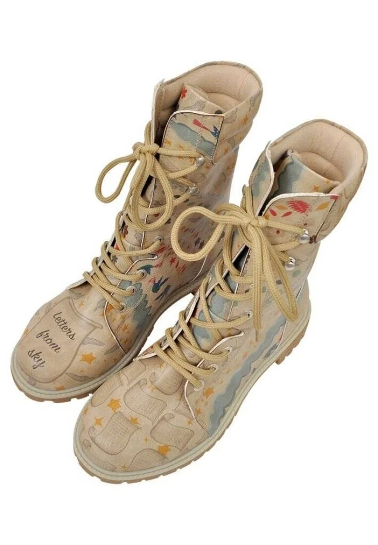 Femme Cuir Vegan Beige Bottes Longues - Letter From Sky Motif