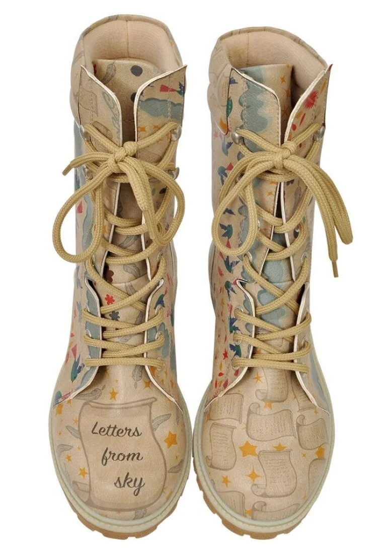 Femme Cuir Vegan Beige Bottes Longues - Letter From Sky Motif