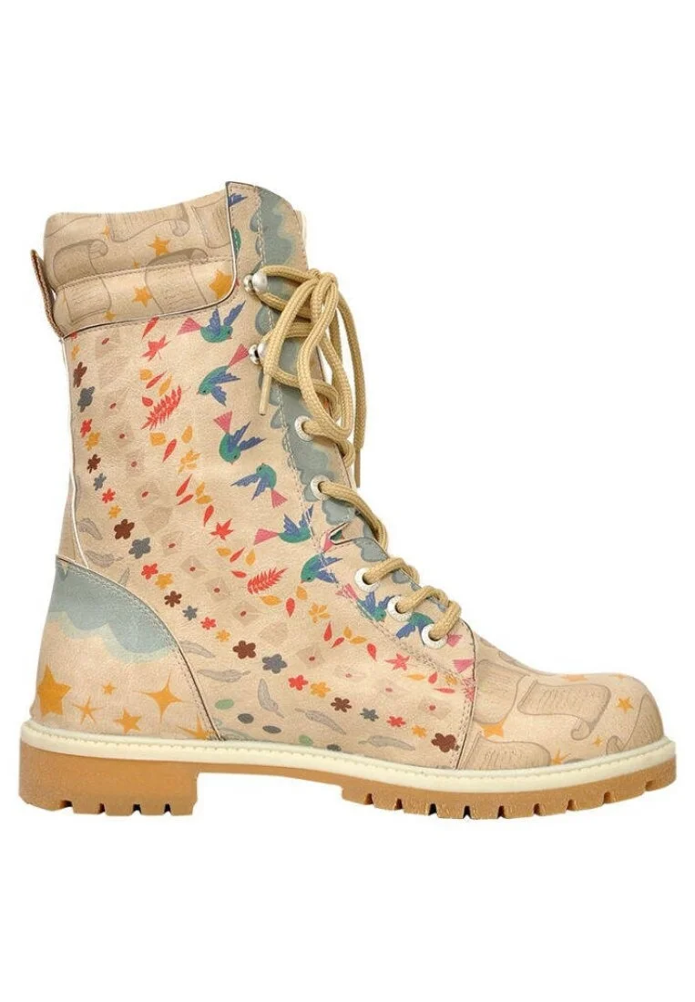 Femme Cuir Vegan Beige Bottes Longues - Letter From Sky Motif
