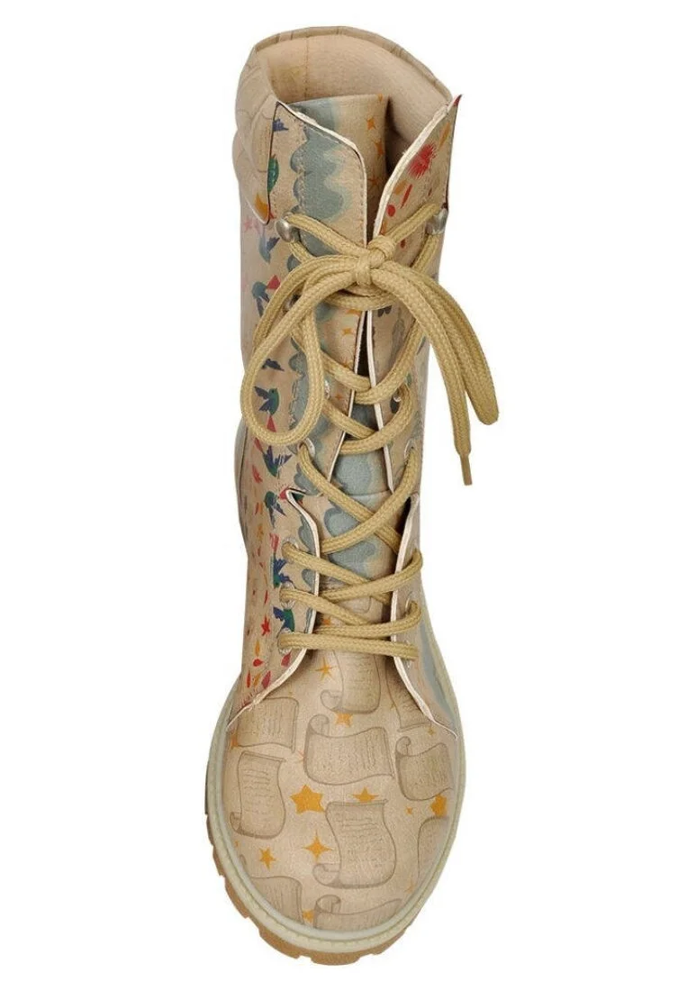 Femme Cuir Vegan Beige Bottes Longues - Letter From Sky Motif