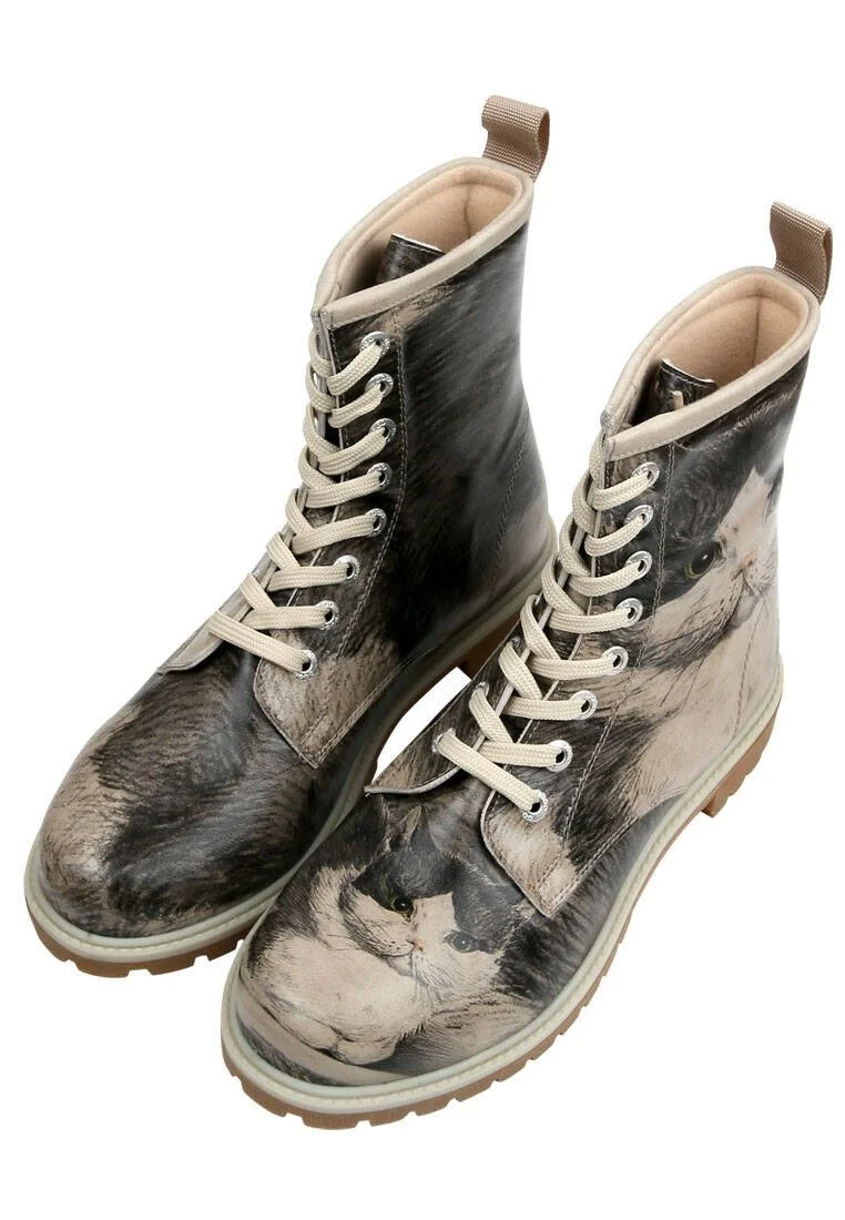 Femme Cuir Vegan Beige Bottes Longues - Curious Eyes Motif