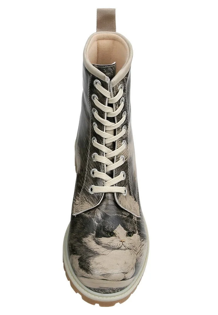 Femme Cuir Vegan Beige Bottes Longues - Curious Eyes Motif
