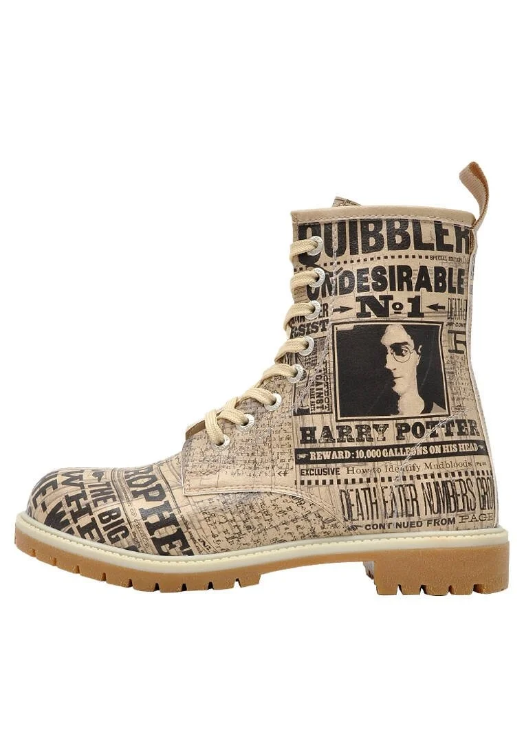 Femme Cuir Vegan Beige Bottes Longues - Warner Bros Daily Prophet Harry Potter Motif
