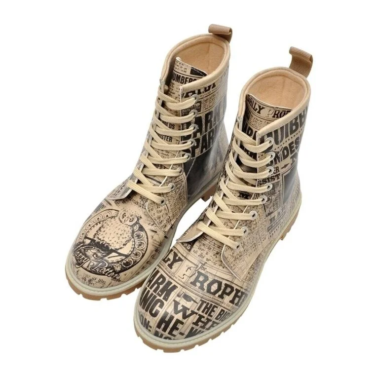 Femme Cuir Vegan Beige Bottes Longues - Warner Bros Daily Prophet Harry Potter Motif