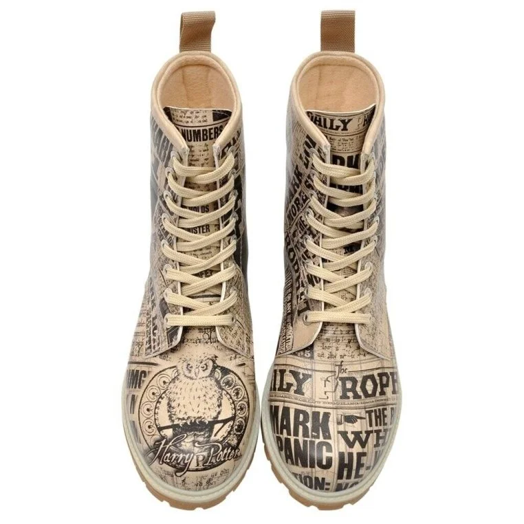Femme Cuir Vegan Beige Bottes Longues - Warner Bros Daily Prophet Harry Potter Motif