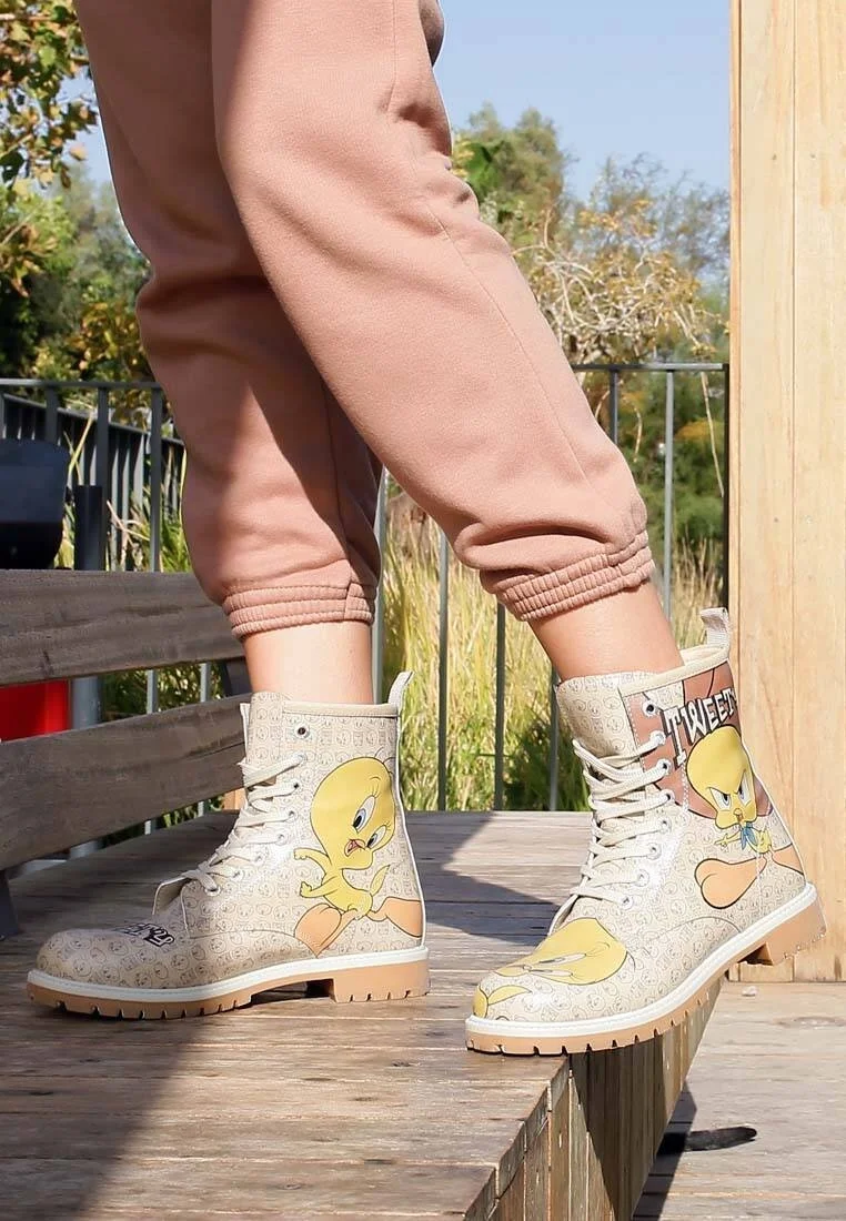 Femme Cuir Vegan Beige Bottes Longues - Warner Bros Tweety Moods Motif