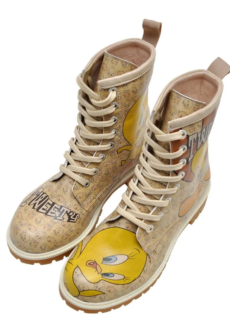 Femme Cuir Vegan Beige Bottes Longues - Warner Bros Tweety Moods Motif