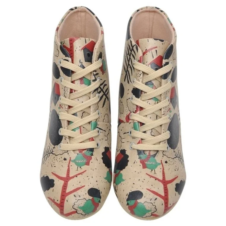Femme Cuir Vegan Beige Bottines - Little Bird Motif