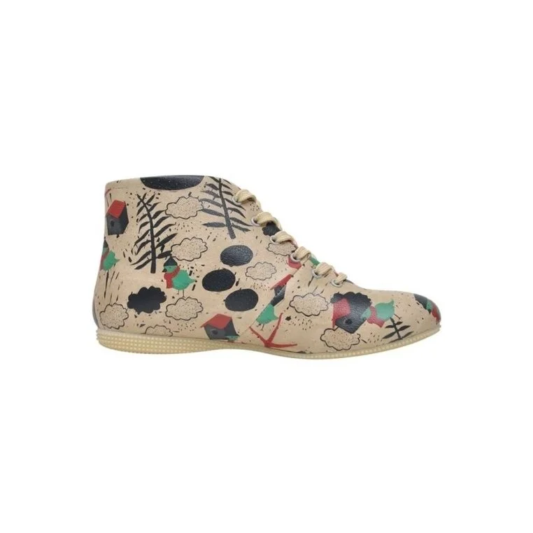Femme Cuir Vegan Beige Bottines - Little Bird Motif