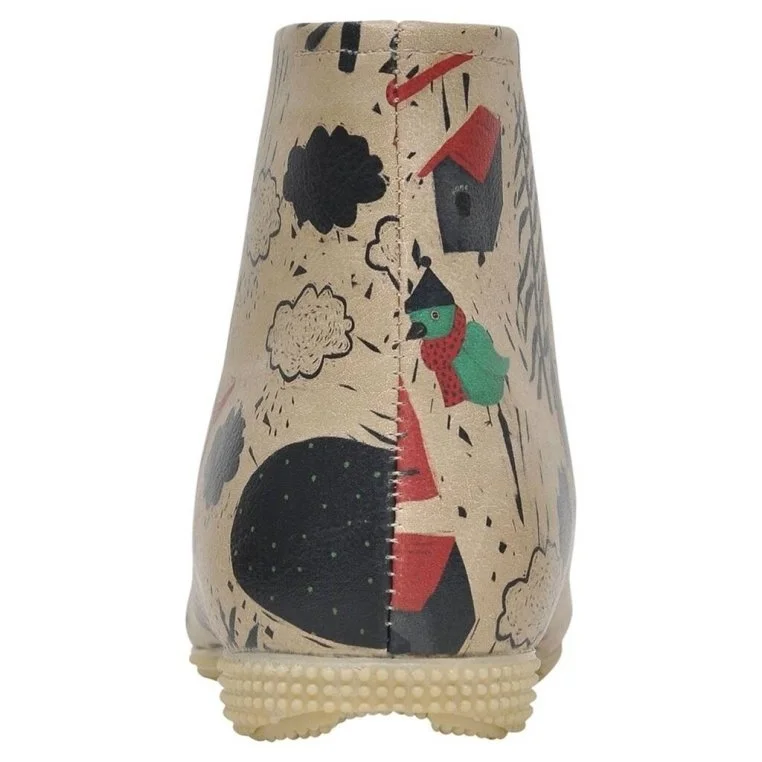 Femme Cuir Vegan Beige Bottines - Little Bird Motif
