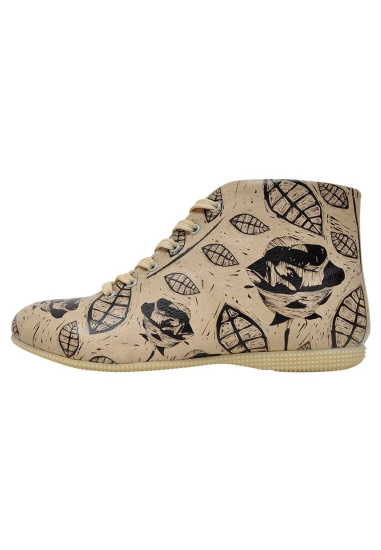 Femme Cuir Vegan Beige Bottines - Flower Art Motif