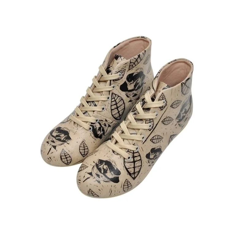 Femme Cuir Vegan Beige Bottines - Flower Art Motif