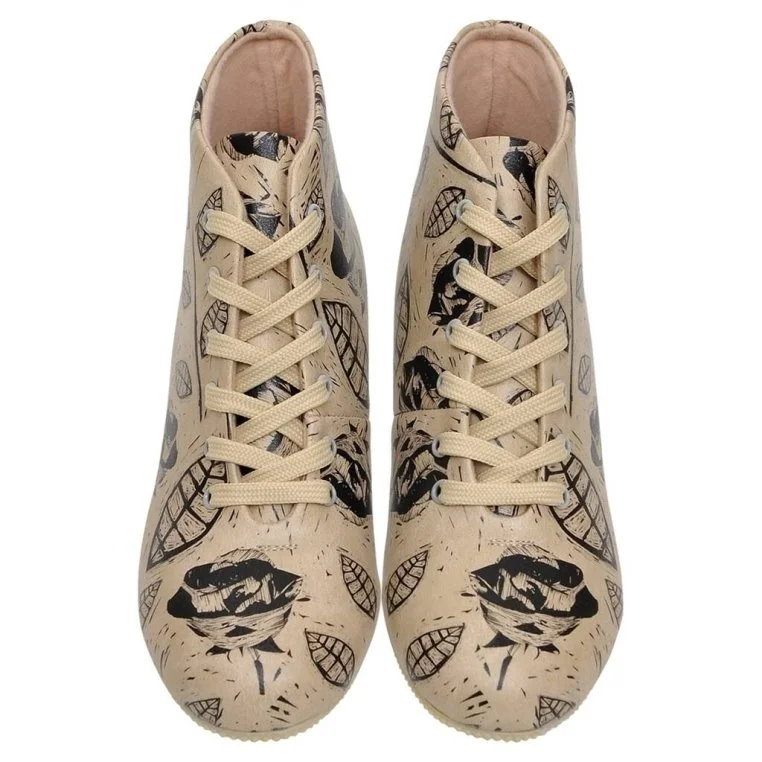 Femme Cuir Vegan Beige Bottines - Flower Art Motif