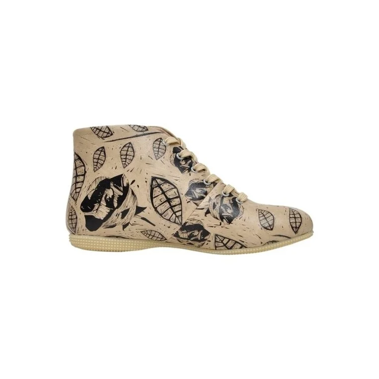 Femme Cuir Vegan Beige Bottines - Flower Art Motif