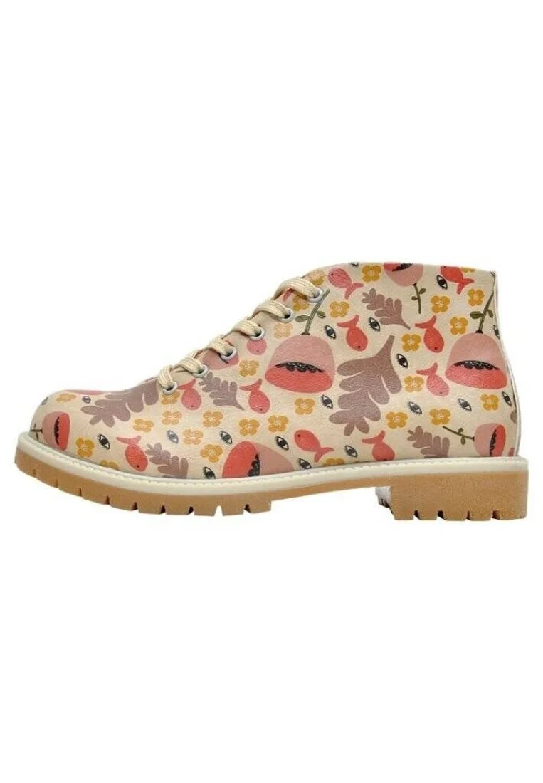 Femme Cuir Vegan Beige Bottines - Eyes Motif