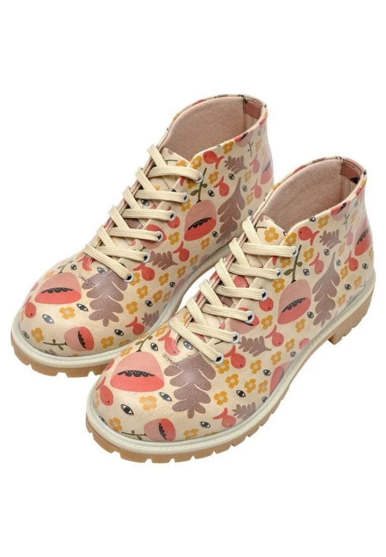 Femme Cuir Vegan Beige Bottines - Eyes Motif