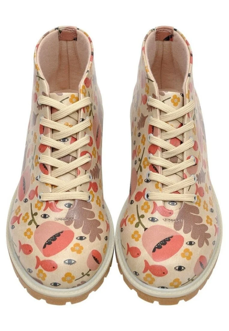 Femme Cuir Vegan Beige Bottines - Eyes Motif