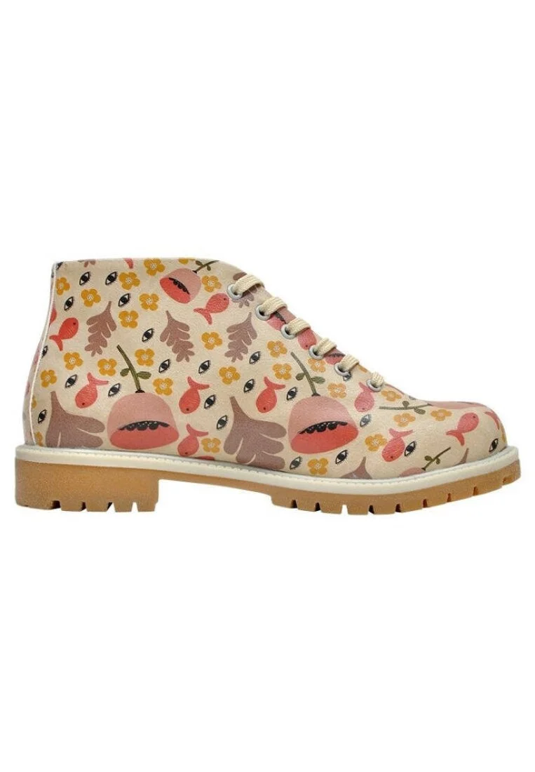 Femme Cuir Vegan Beige Bottines - Eyes Motif