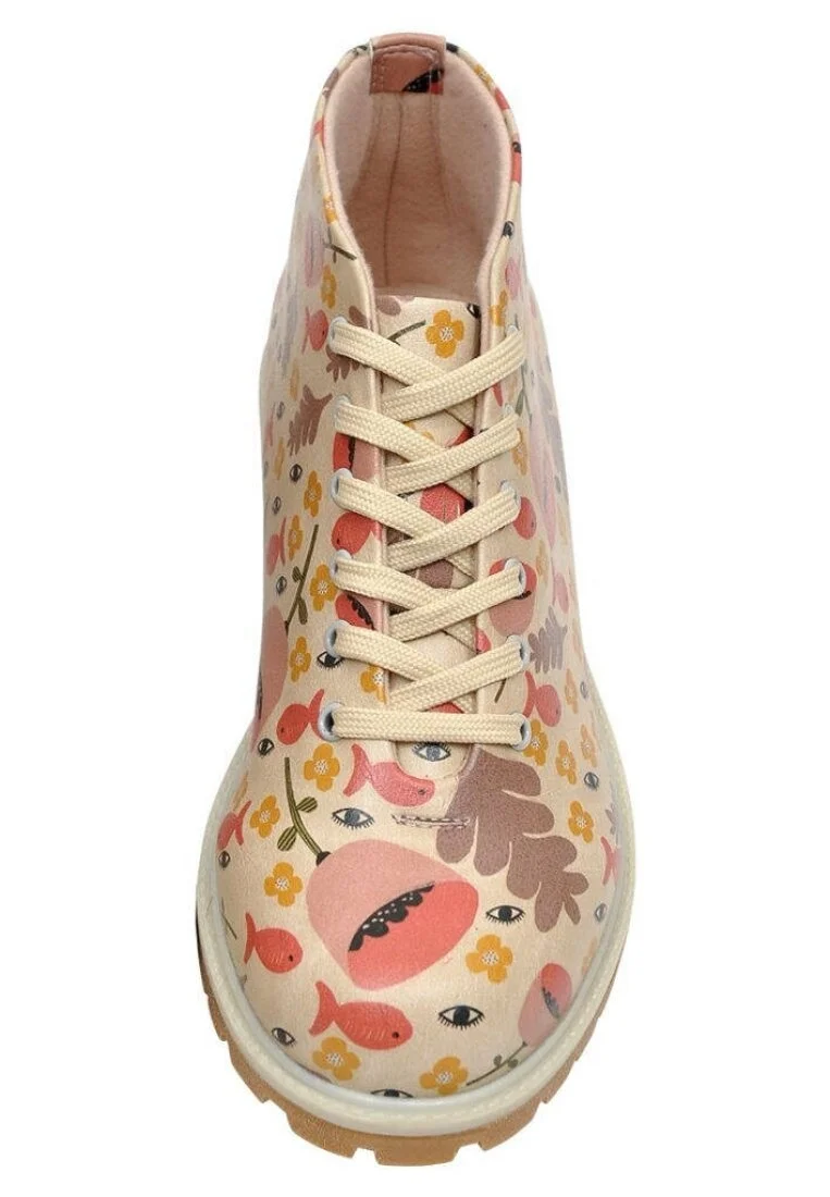 Femme Cuir Vegan Beige Bottines - Eyes Motif