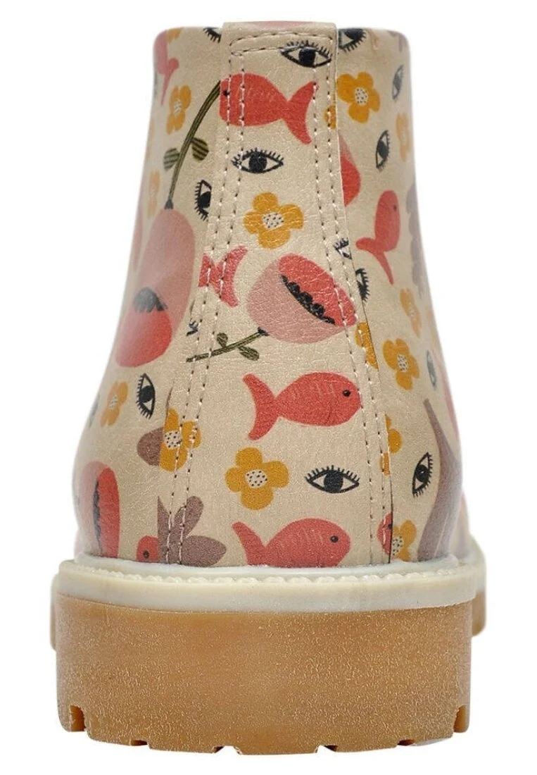 Femme Cuir Vegan Beige Bottines - Eyes Motif