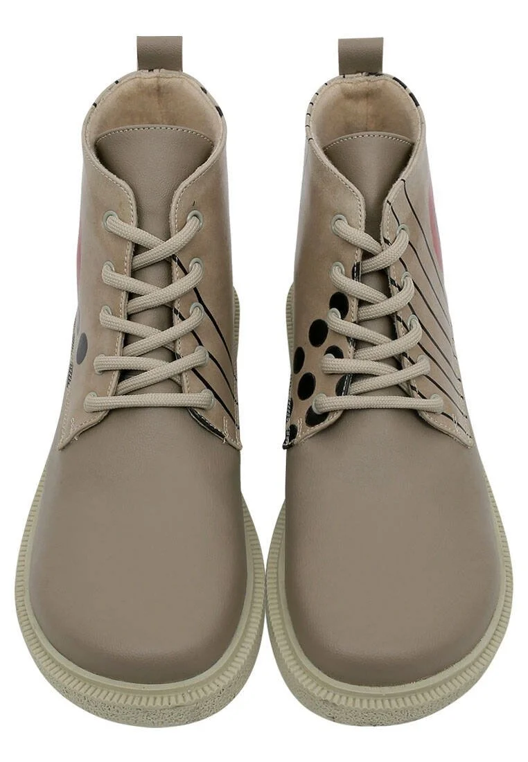 Femme Cuir Vegan Beige Bottines - Dots and Cats Motif
