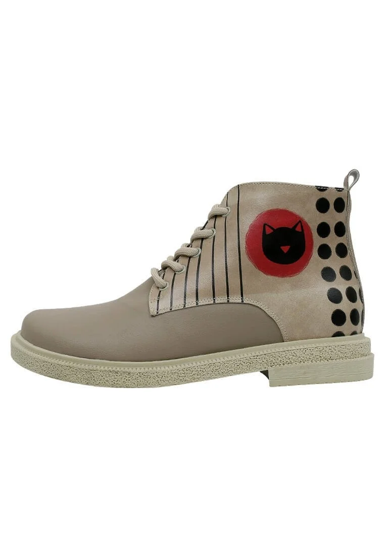 Femme Cuir Vegan Beige Bottines - Dots and Cats Motif