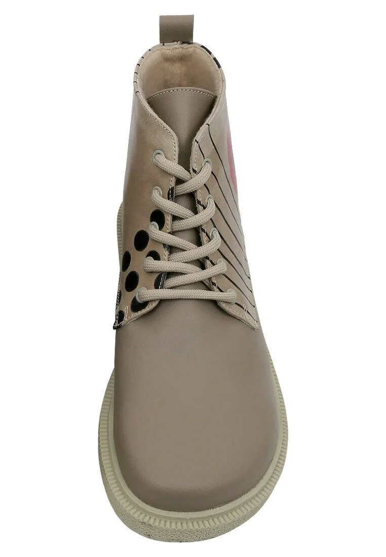 Femme Cuir Vegan Beige Bottines - Dots and Cats Motif