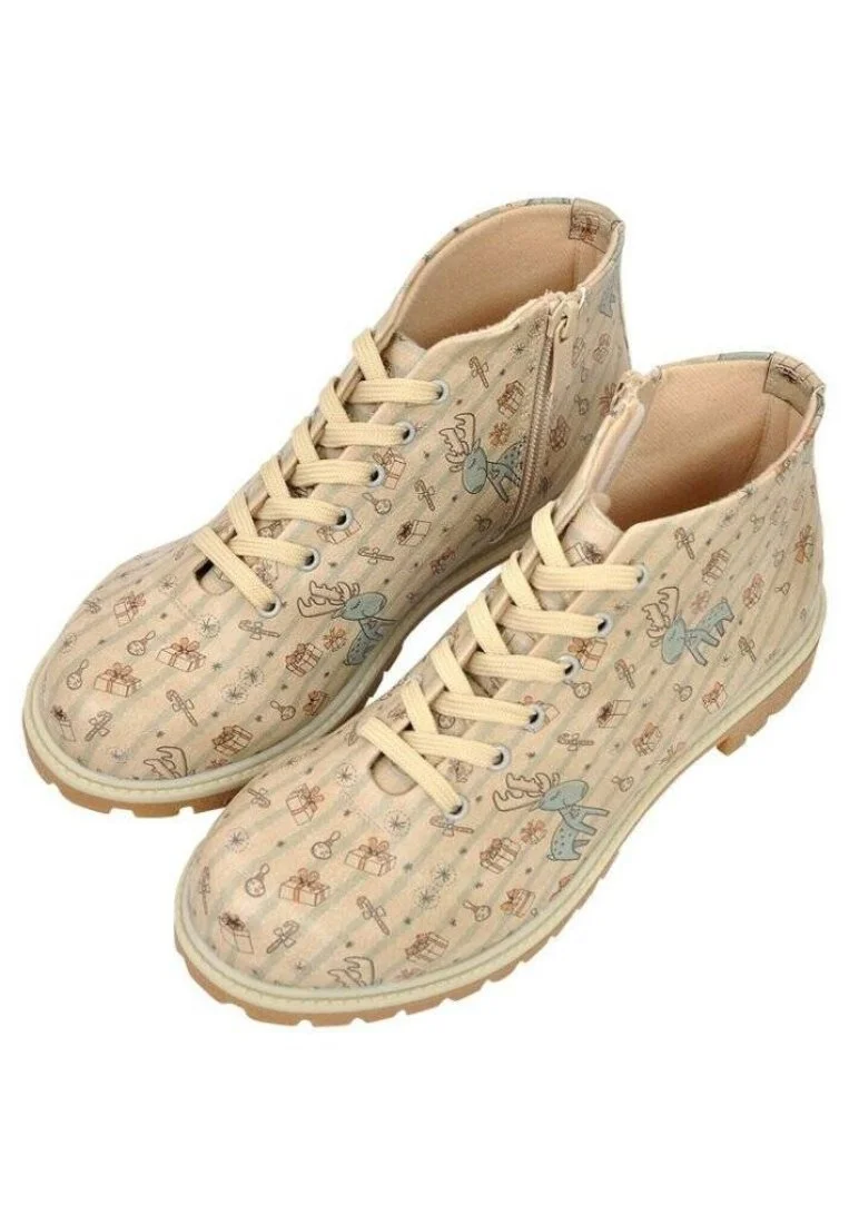 Femme Cuir Vegan Beige Bottines Zippées - Deer Xmass Motif