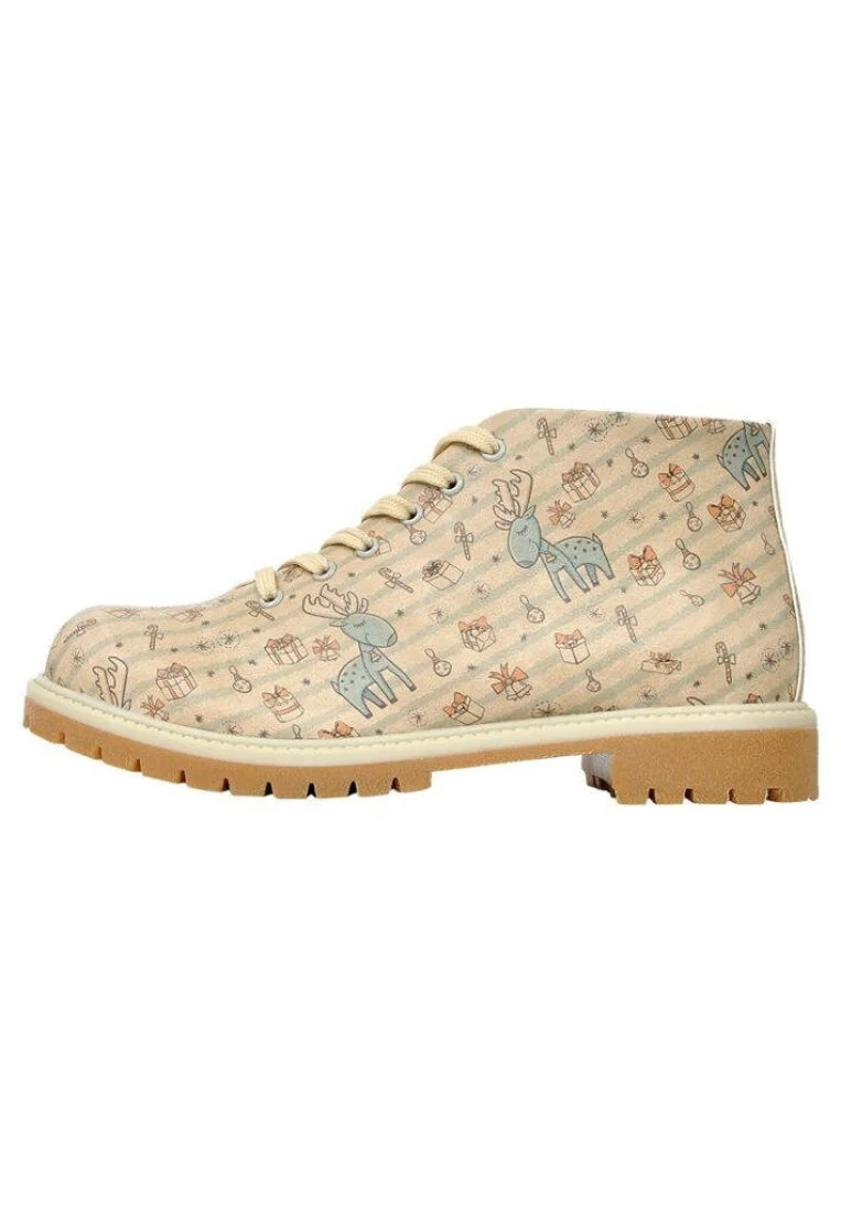 Femme Cuir Vegan Beige Bottines Zippées - Deer Xmass Motif