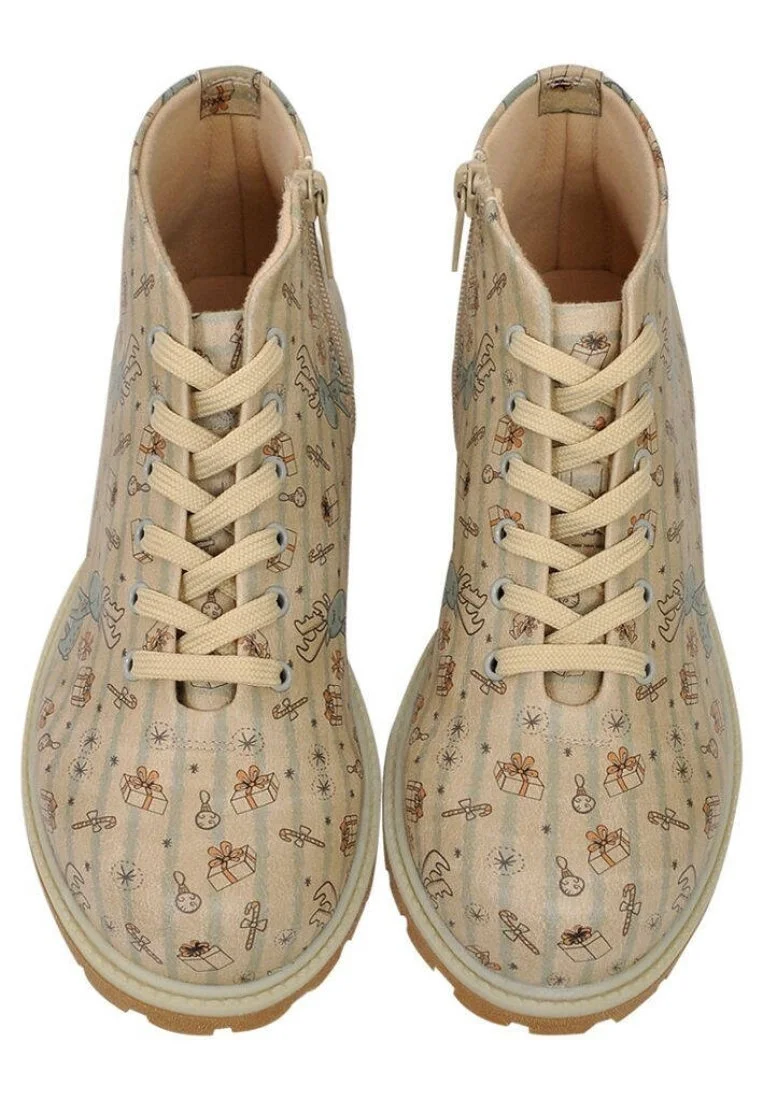 Femme Cuir Vegan Beige Bottines Zippées - Deer Xmass Motif