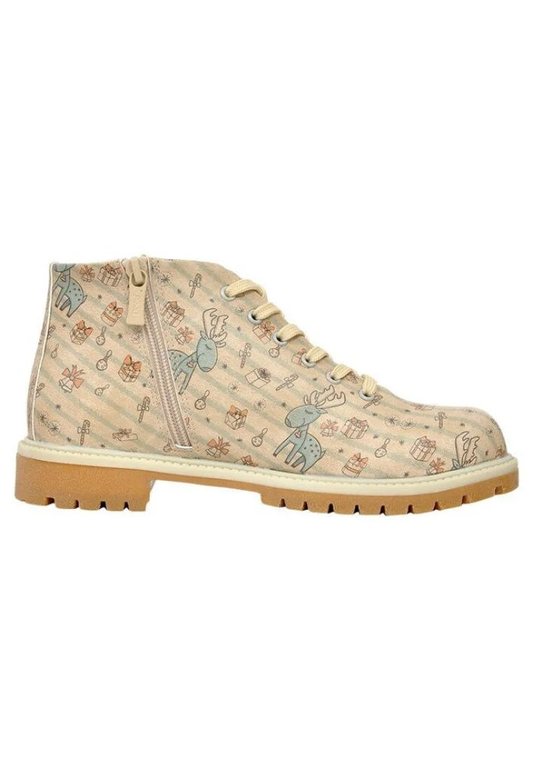 Femme Cuir Vegan Beige Bottines Zippées - Deer Xmass Motif