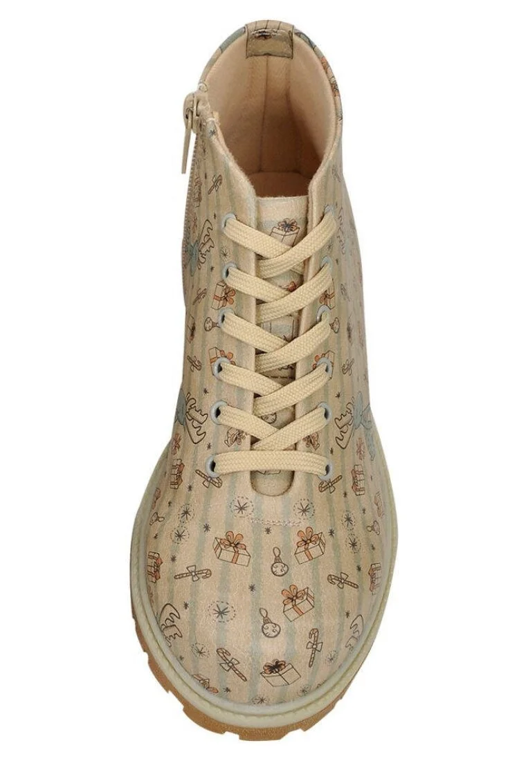 Femme Cuir Vegan Beige Bottines Zippées - Deer Xmass Motif