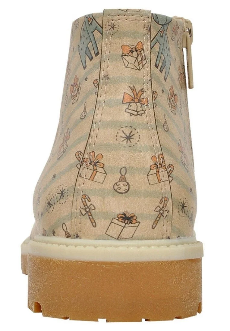 Femme Cuir Vegan Beige Bottines Zippées - Deer Xmass Motif